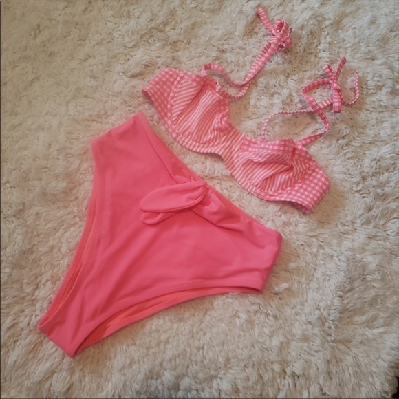 Aerie Tie High Gingham Pink Bikini - Picture 1 of 6